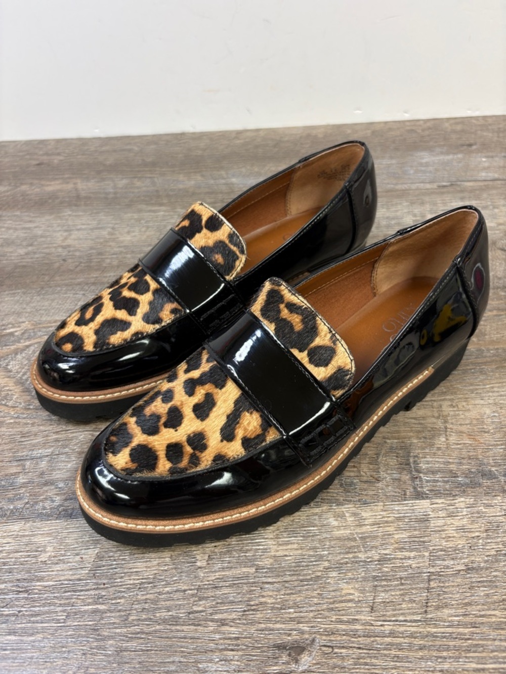 Franco Sarto Leopard Calf Hair & Patent Leather Loafers Lug Sole Size 6.5